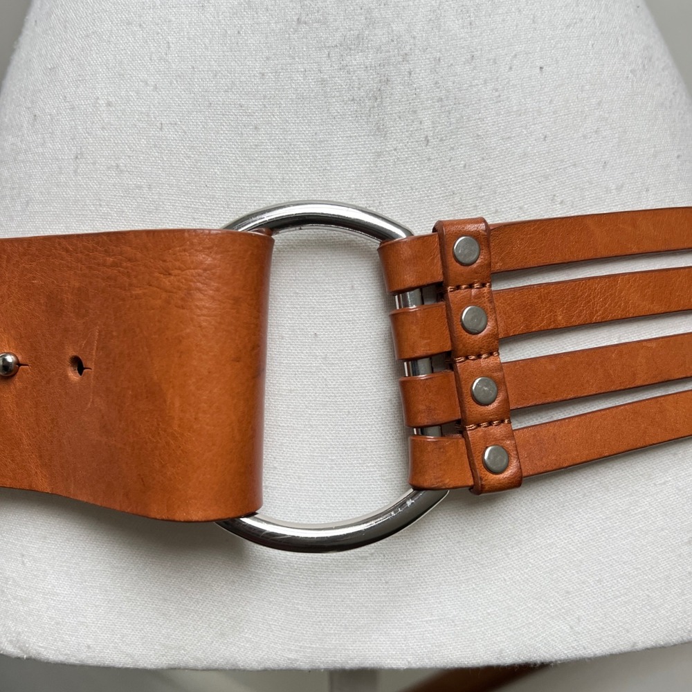 Vintage Banana Republic Cage Belt Large Brown Leather O-Ring Boho Y2K Wide Thick - Picture 5 of 9